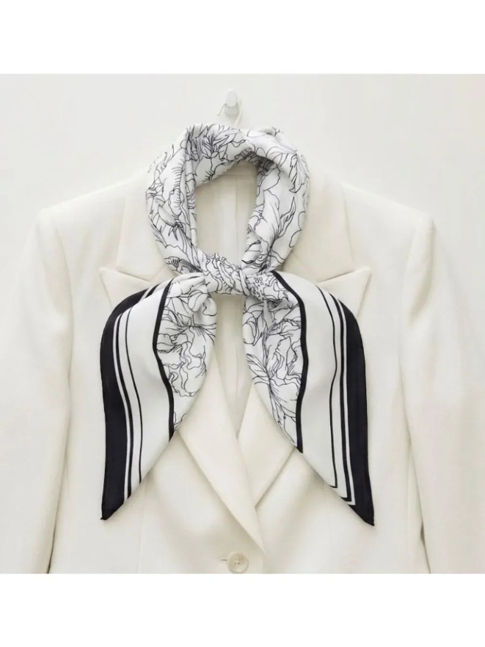 ✨Luxury Silky Feel Square Scarf Black & White Lily Floral Pattern Head Neck Wrap